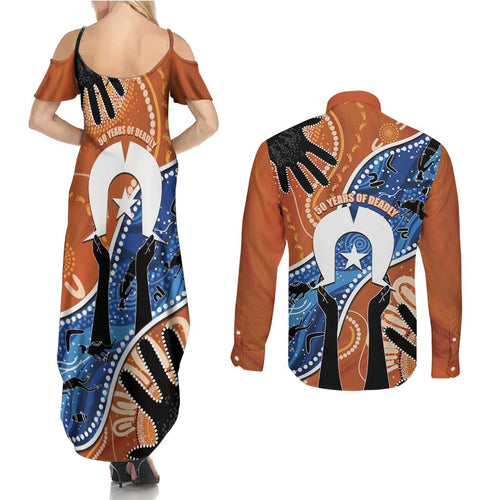 50 Years Of Deadly NAIDOC Week 2026 Couples Matching Summer Maxi Dress and Long Sleeve Button Shirt Torres Strait Dhari Aboriginal Art