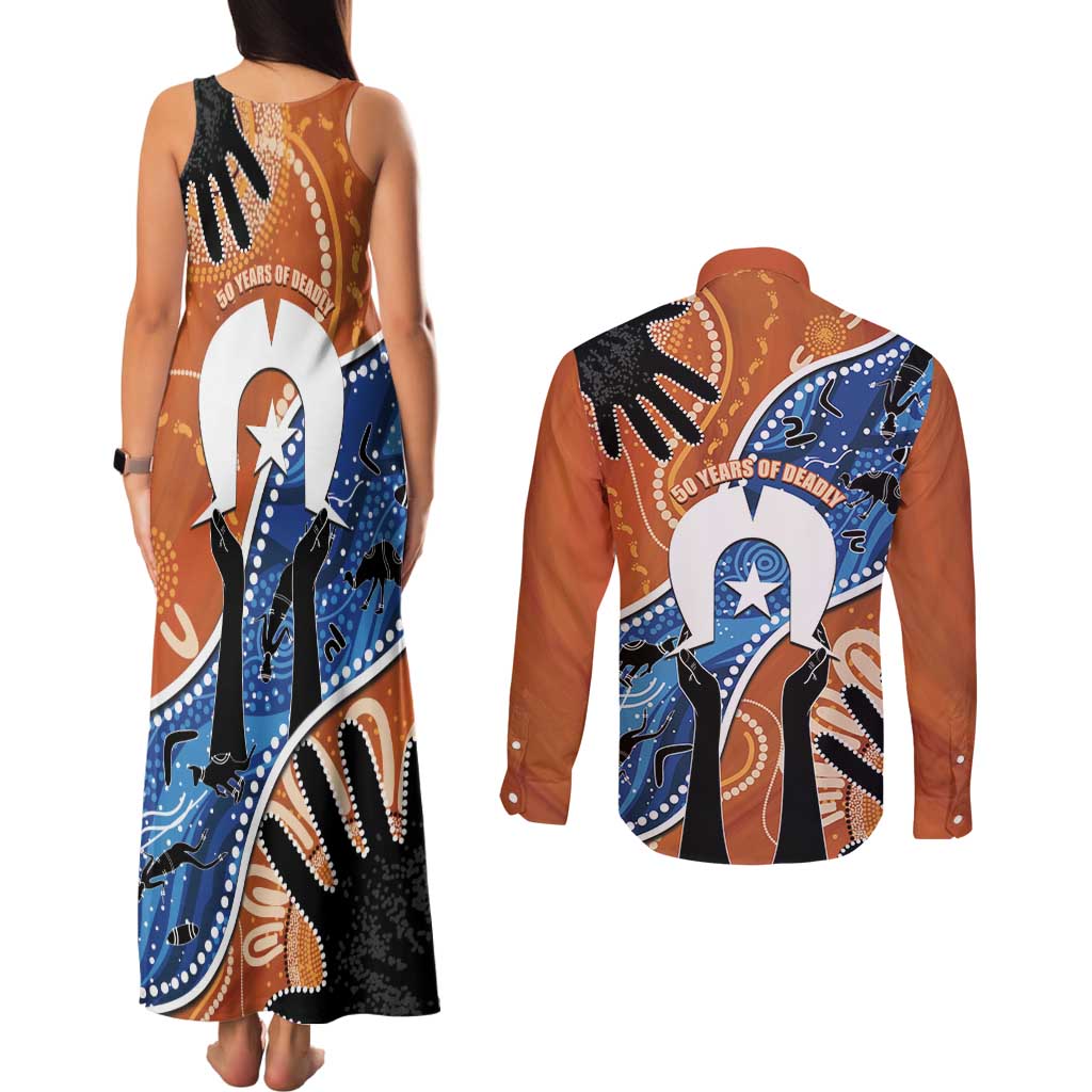 50 Years Of Deadly NAIDOC Week 2026 Couples Matching Tank Maxi Dress and Long Sleeve Button Shirt Torres Strait Dhari Aboriginal Art
