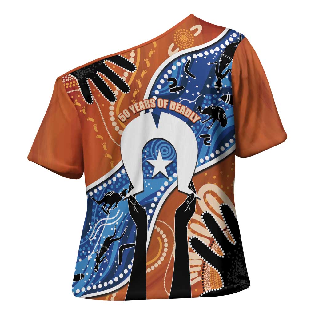 50 Years Of Deadly NAIDOC Week 2026 Cross Shoulder Shirt Torres Strait Dhari Aboriginal Art