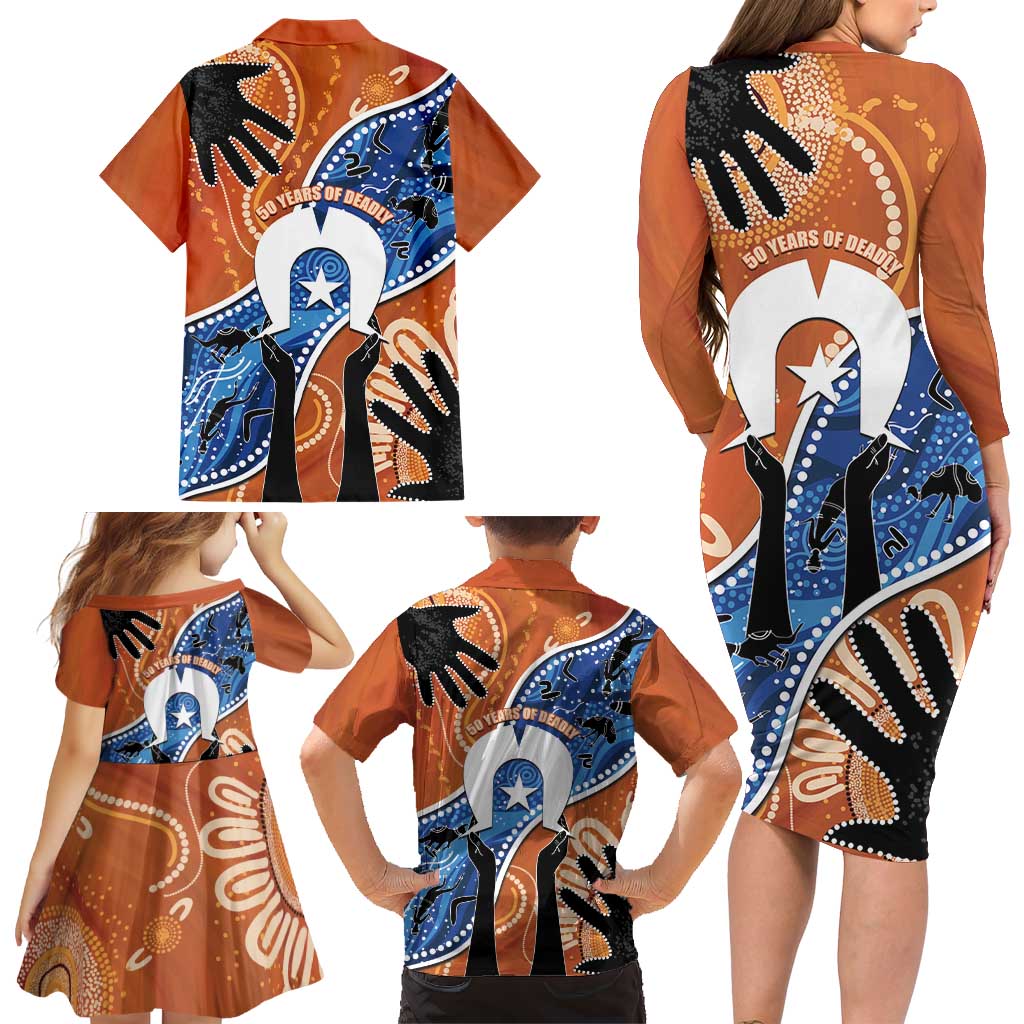50 Years Of Deadly NAIDOC Week 2026 Family Matching Long Sleeve Bodycon Dress and Hawaiian Shirt Torres Strait Dhari Aboriginal Art