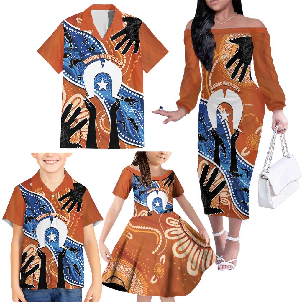 50 Years Of Deadly NAIDOC Week 2026 Family Matching Off The Shoulder Long Sleeve Dress and Hawaiian Shirt Torres Strait Dhari Aboriginal Art