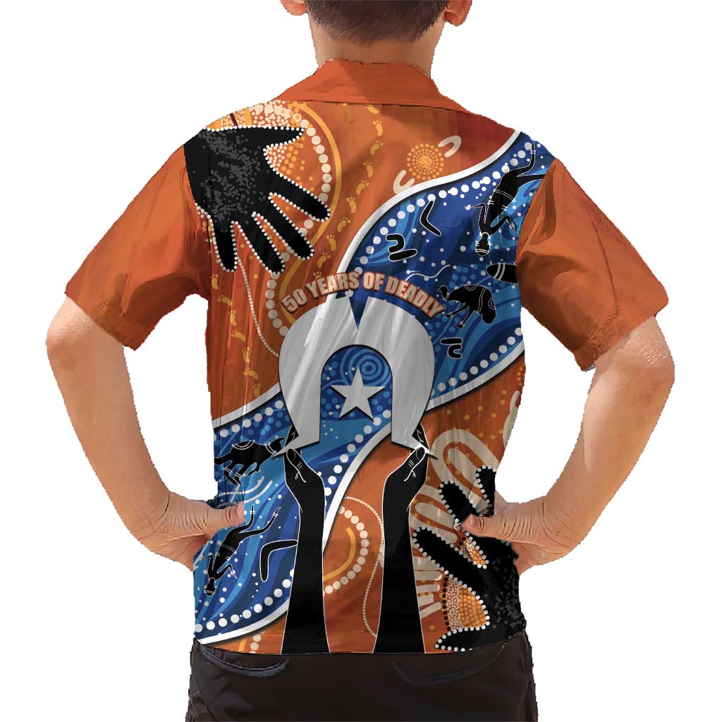 50 Years Of Deadly NAIDOC Week 2026 Family Matching Off The Shoulder Long Sleeve Dress and Hawaiian Shirt Torres Strait Dhari Aboriginal Art