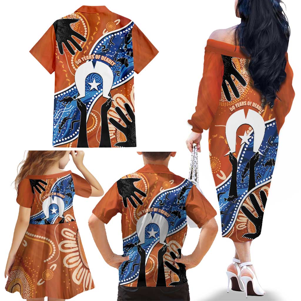 50 Years Of Deadly NAIDOC Week 2026 Family Matching Off The Shoulder Long Sleeve Dress and Hawaiian Shirt Torres Strait Dhari Aboriginal Art