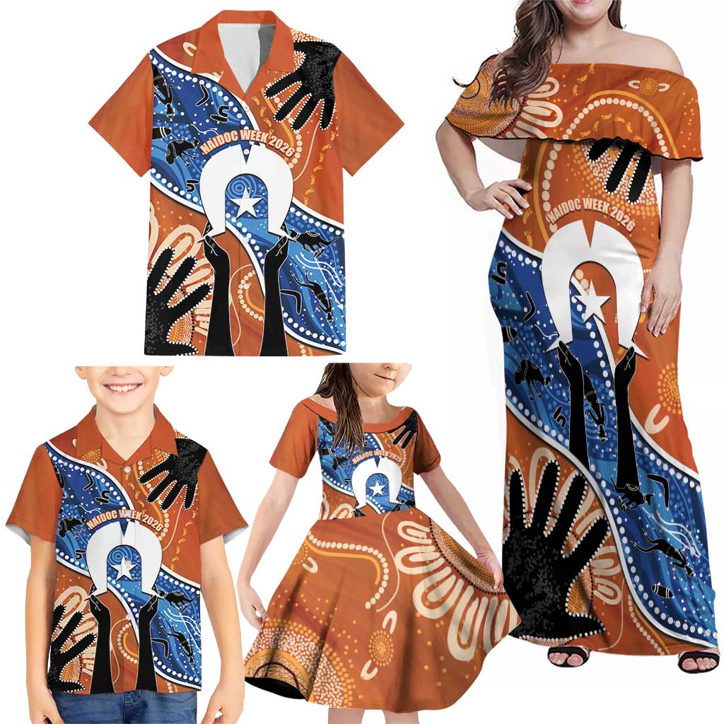 50 Years Of Deadly NAIDOC Week 2026 Family Matching Off Shoulder Maxi Dress and Hawaiian Shirt Torres Strait Dhari Aboriginal Art