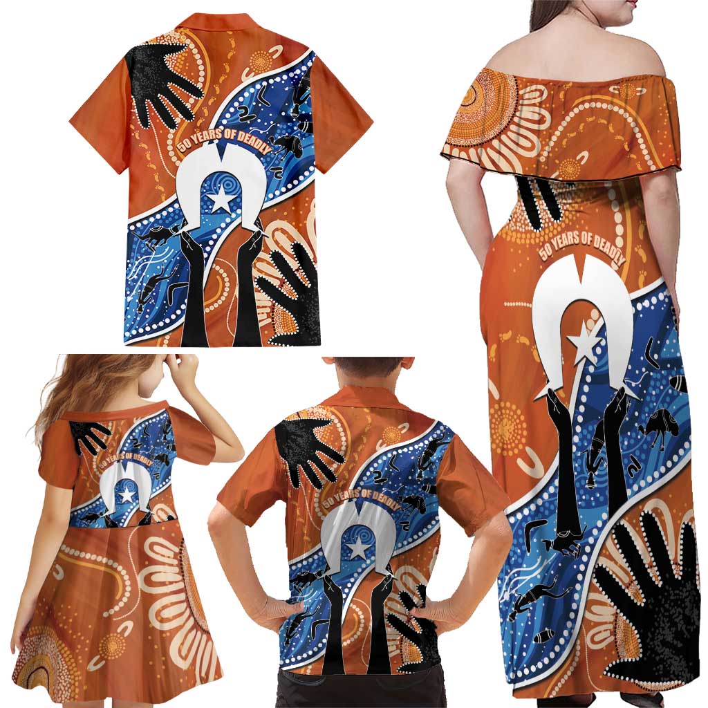 50 Years Of Deadly NAIDOC Week 2026 Family Matching Off Shoulder Maxi Dress and Hawaiian Shirt Torres Strait Dhari Aboriginal Art