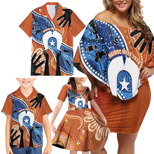 50 Years Of Deadly NAIDOC Week 2026 Family Matching Off Shoulder Short Dress and Hawaiian Shirt Torres Strait Dhari Aboriginal Art