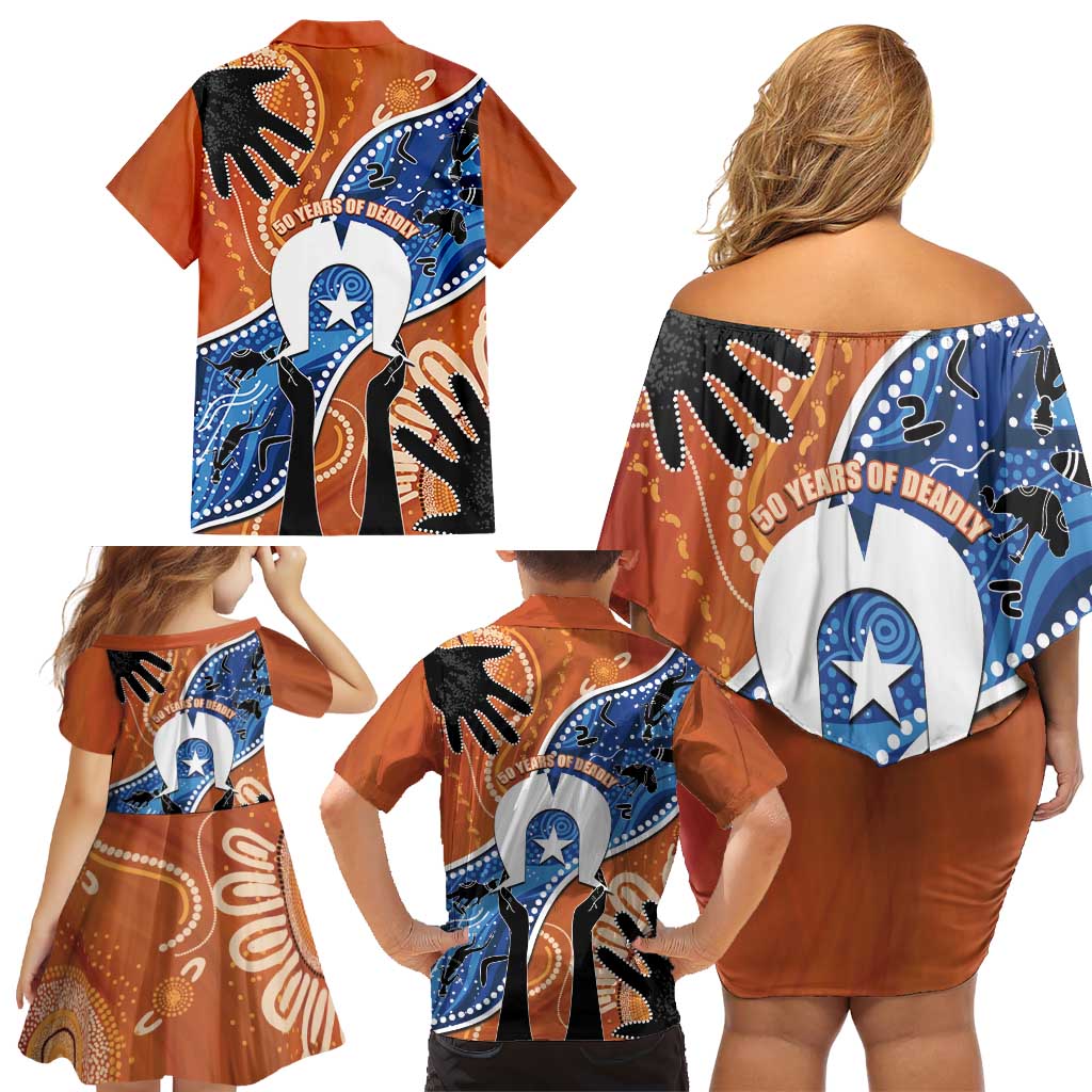 50 Years Of Deadly NAIDOC Week 2026 Family Matching Off Shoulder Short Dress and Hawaiian Shirt Torres Strait Dhari Aboriginal Art