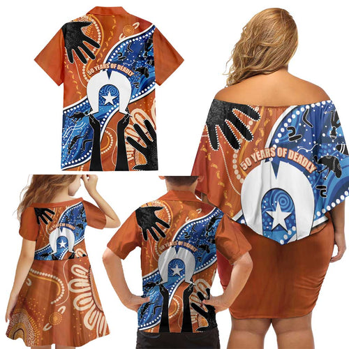 50 Years Of Deadly NAIDOC Week 2026 Family Matching Off Shoulder Short Dress and Hawaiian Shirt Torres Strait Dhari Aboriginal Art