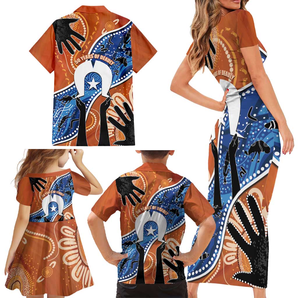 50 Years Of Deadly NAIDOC Week 2026 Family Matching Short Sleeve Bodycon Dress and Hawaiian Shirt Torres Strait Dhari Aboriginal Art