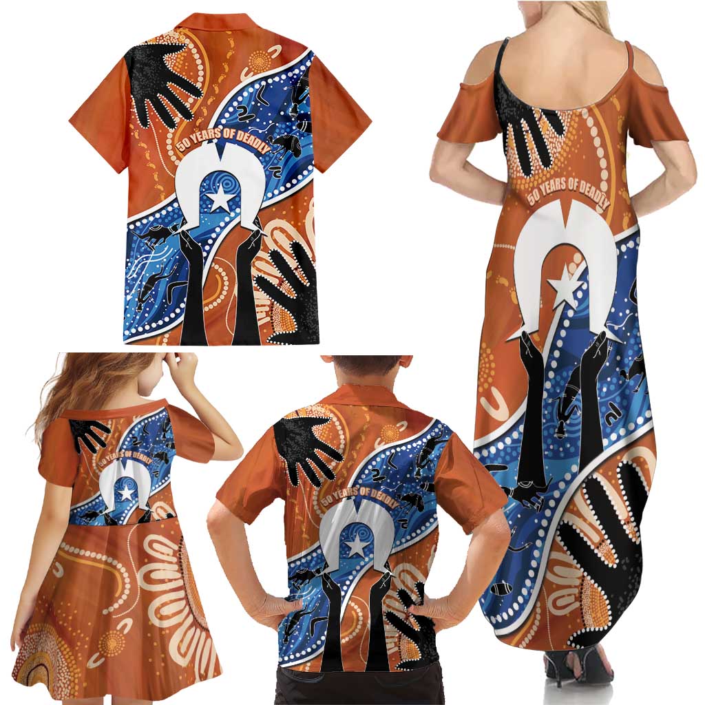 50 Years Of Deadly NAIDOC Week 2026 Family Matching Summer Maxi Dress and Hawaiian Shirt Torres Strait Dhari Aboriginal Art