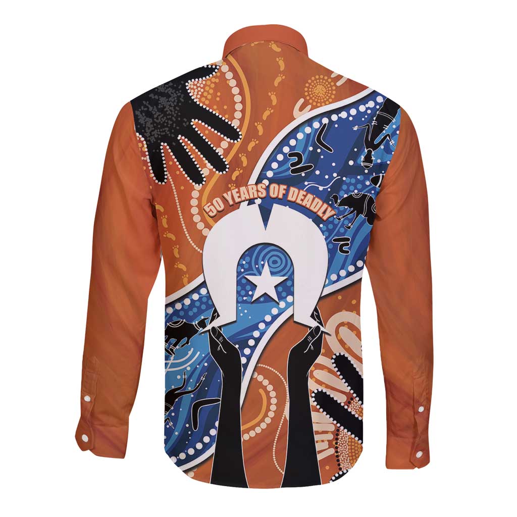50 Years Of Deadly NAIDOC Week 2026 Long Sleeve Button Shirt Torres Strait Dhari Aboriginal Art