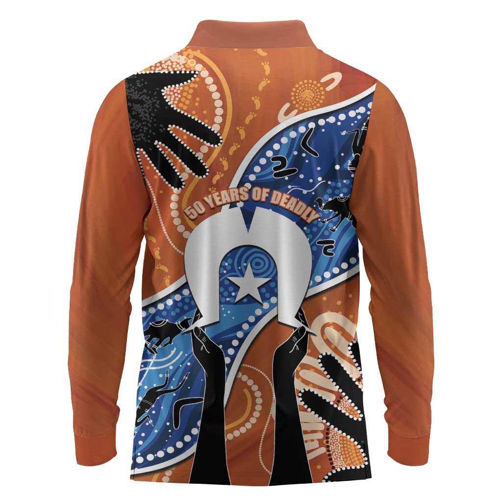 50 Years Of Deadly NAIDOC Week 2026 Long Sleeve Polo Shirt Torres Strait Dhari Aboriginal Art