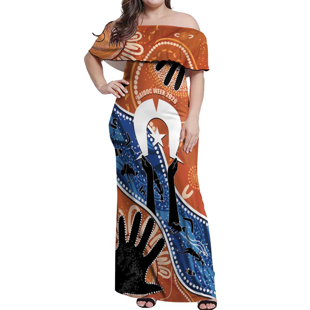 50 Years Of Deadly NAIDOC Week 2026 Off Shoulder Maxi Dress Torres Strait Dhari Aboriginal Art