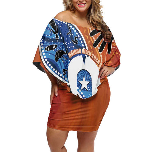 50 Years Of Deadly NAIDOC Week 2026 Off Shoulder Short Dress Torres Strait Dhari Aboriginal Art