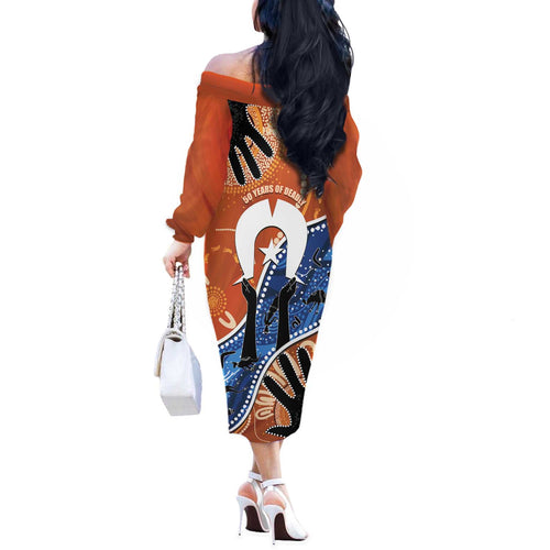 50 Years Of Deadly NAIDOC Week 2026 Off The Shoulder Long Sleeve Dress Torres Strait Dhari Aboriginal Art