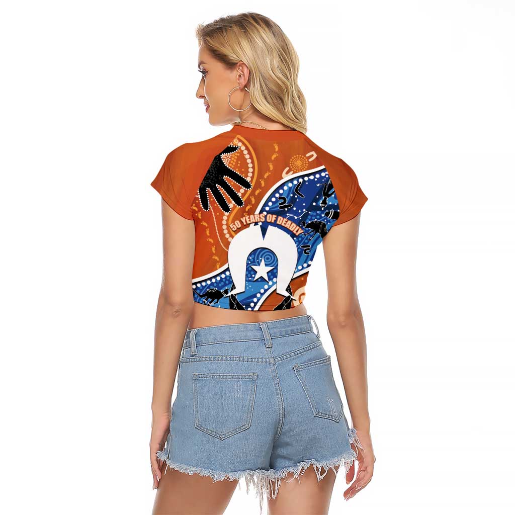 50 Years Of Deadly NAIDOC Week 2026 Raglan Cropped T Shirt Torres Strait Dhari Aboriginal Art