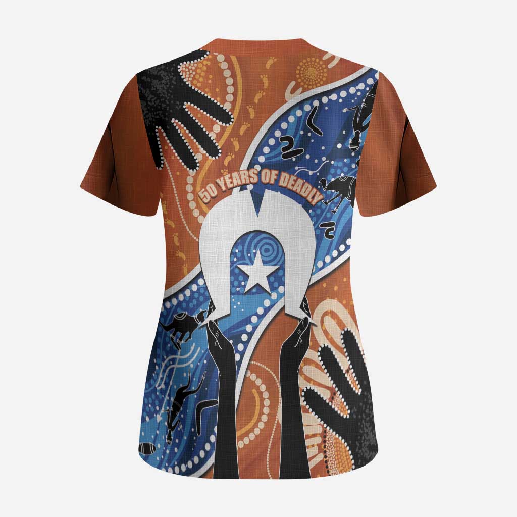 50 Years Of Deadly NAIDOC Week 2026 Scrub Top Torres Strait Dhari Aboriginal Art
