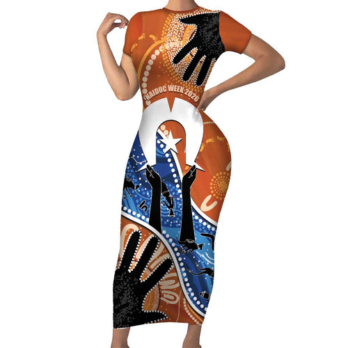 50 Years Of Deadly NAIDOC Week 2026 Short Sleeve Bodycon Dress Torres Strait Dhari Aboriginal Art