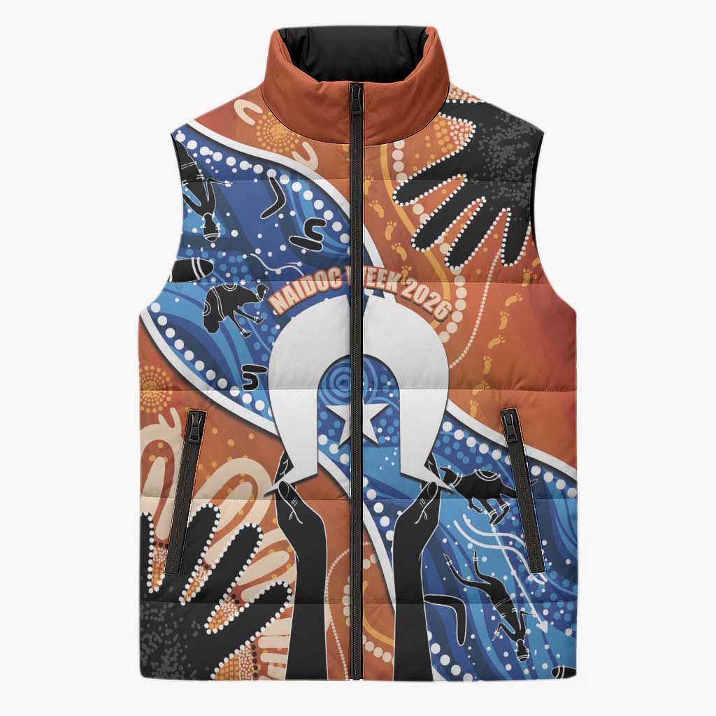 50 Years Of Deadly NAIDOC Week 2026 Sleeveless Puffer Jacket Torres Strait Dhari Aboriginal Art
