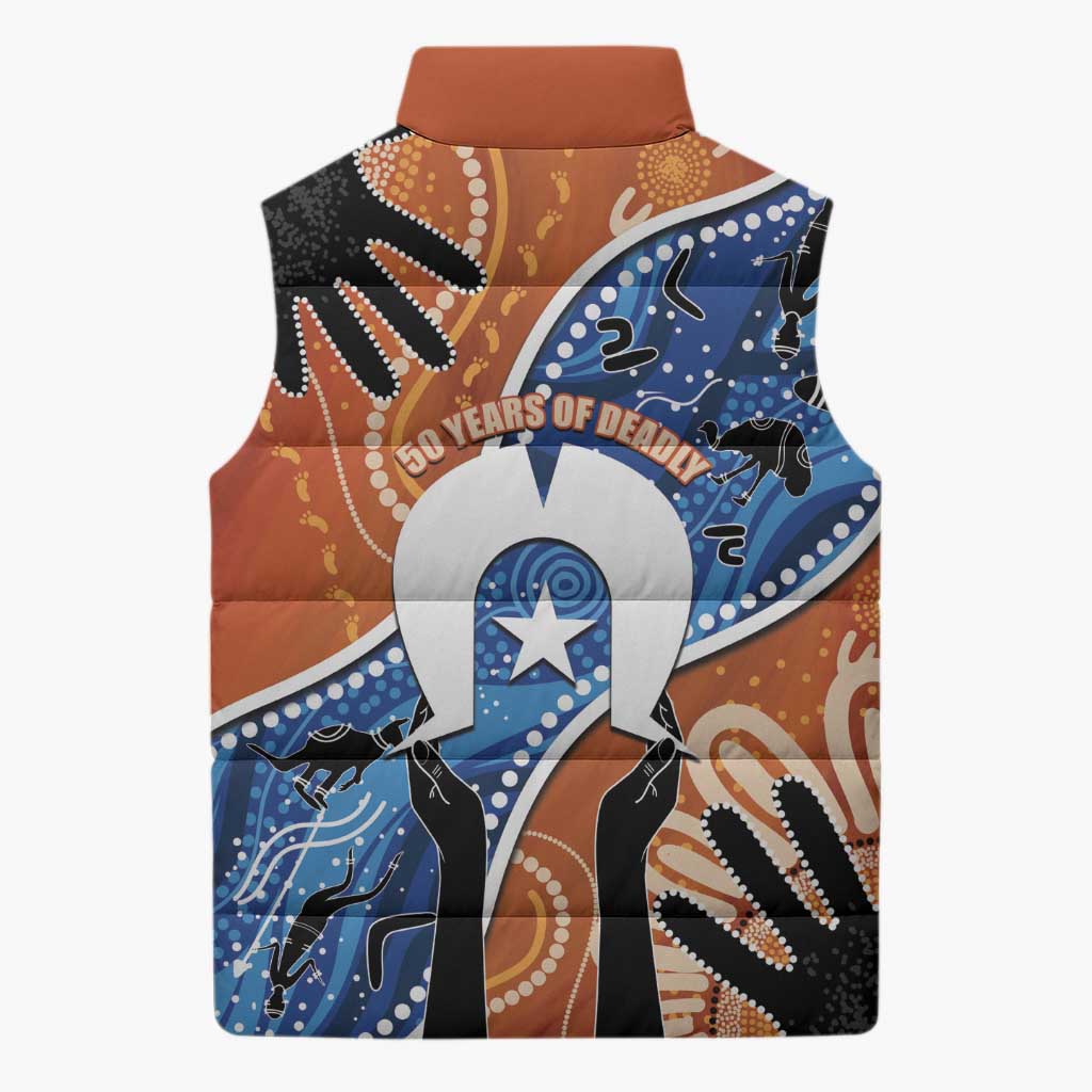 50 Years Of Deadly NAIDOC Week 2026 Sleeveless Puffer Jacket Torres Strait Dhari Aboriginal Art