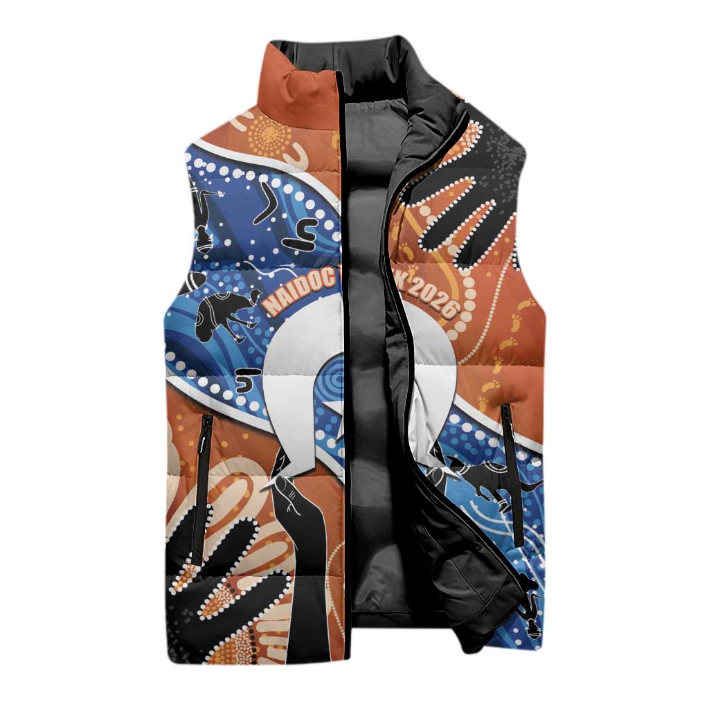50 Years Of Deadly NAIDOC Week 2026 Sleeveless Puffer Jacket Torres Strait Dhari Aboriginal Art