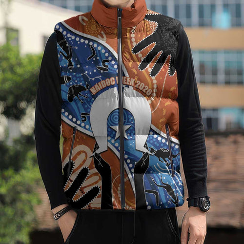 50 Years Of Deadly NAIDOC Week 2026 Sleeveless Puffer Jacket Torres Strait Dhari Aboriginal Art