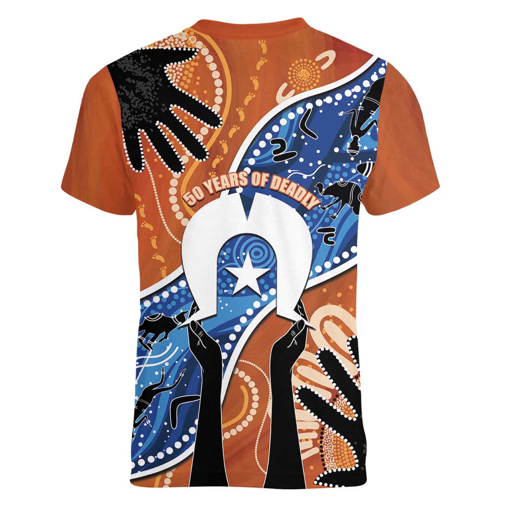 50 Years Of Deadly NAIDOC Week 2026 Women V-Neck T-Shirt Torres Strait Dhari Aboriginal Art