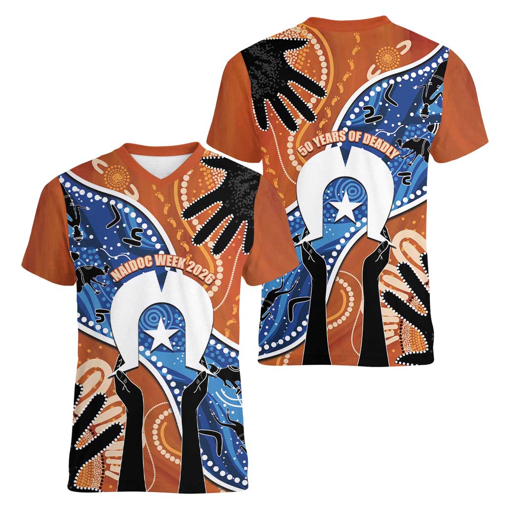 50 Years Of Deadly NAIDOC Week 2026 Women V-Neck T-Shirt Torres Strait Dhari Aboriginal Art