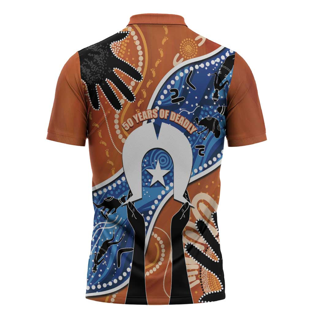 50 Years Of Deadly NAIDOC Week 2026 Zipper Polo Shirt Torres Strait Dhari Aboriginal Art