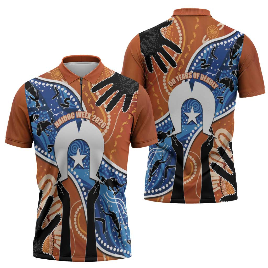 50 Years Of Deadly NAIDOC Week 2026 Zipper Polo Shirt Torres Strait Dhari Aboriginal Art