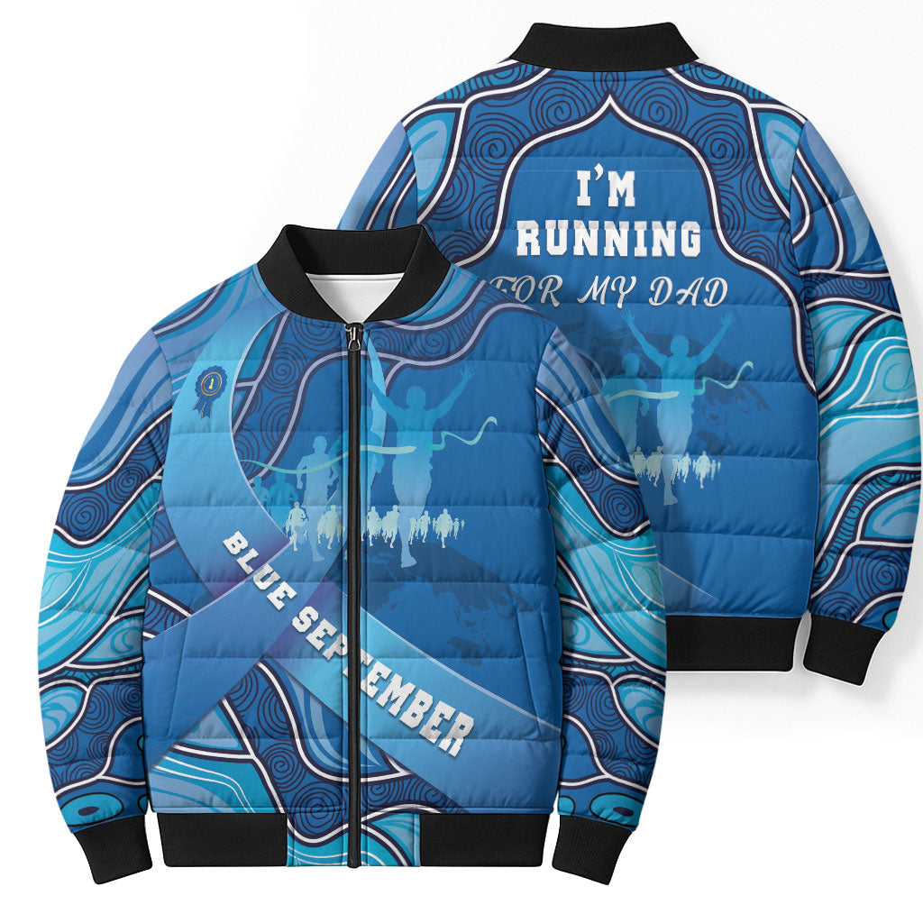 Australia Blue September Running Bomber Puffer Jacket Blue Ribbon I'm Running For My Dad