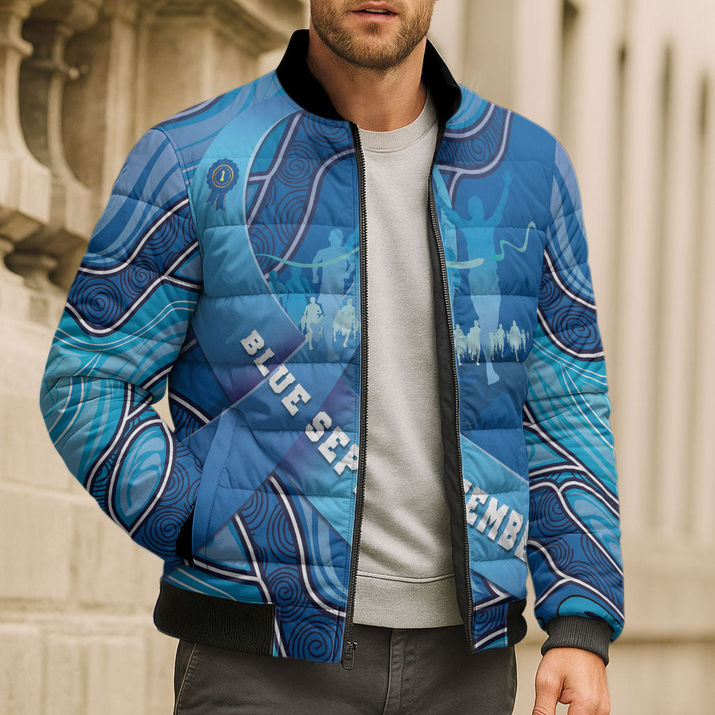 Australia Blue September Running Bomber Puffer Jacket Blue Ribbon I'm Running For My Dad