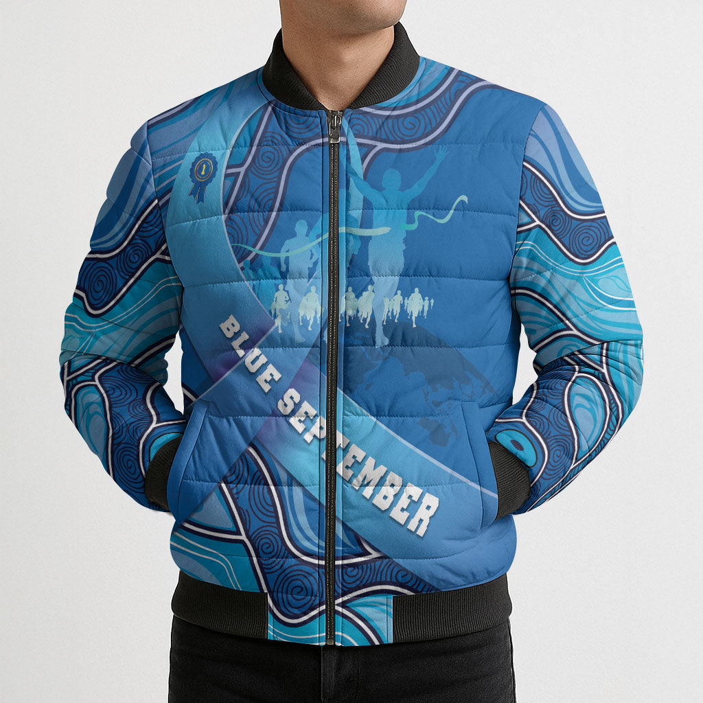 Australia Blue September Running Bomber Puffer Jacket Blue Ribbon I'm Running For My Dad