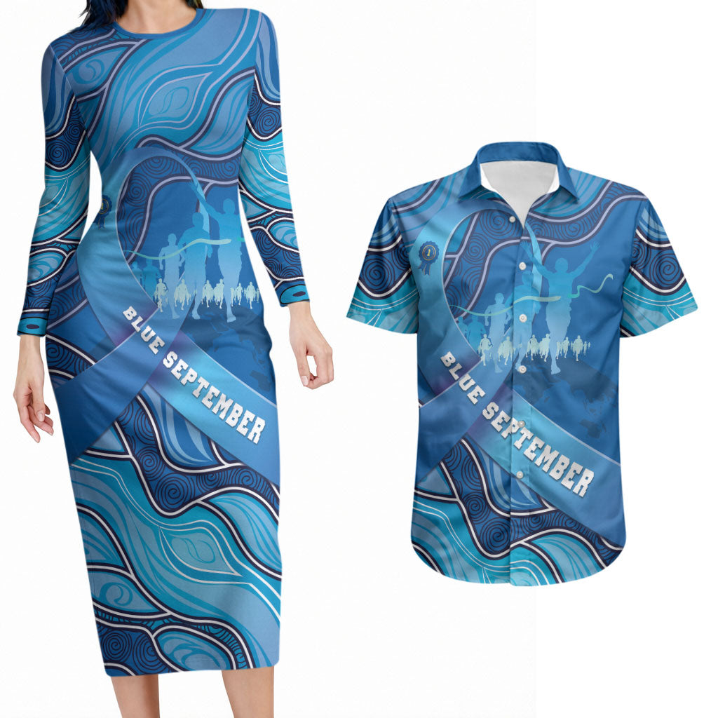 Australia Blue September Running Couples Matching Long Sleeve Bodycon Dress and Hawaiian Shirt Blue Ribbon I'm Running For My Dad