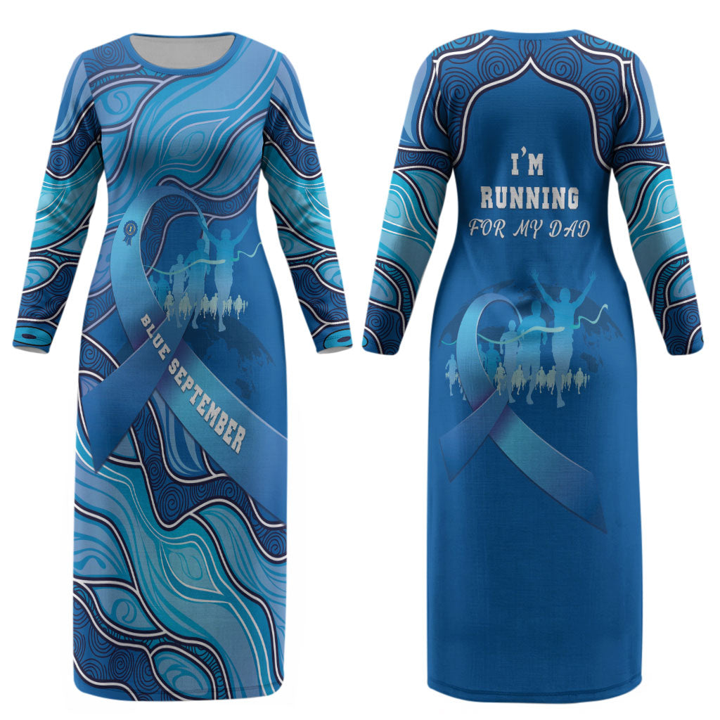 Australia Blue September Running Couples Matching Long Sleeve Bodycon Dress and Hawaiian Shirt Blue Ribbon I'm Running For My Dad
