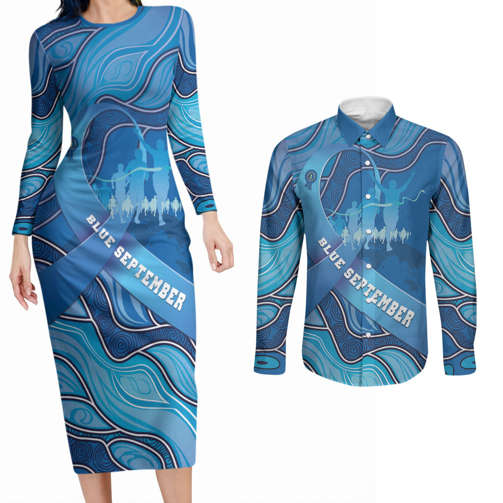 Australia Blue September Running Couples Matching Long Sleeve Bodycon Dress and Long Sleeve Button Shirt Blue Ribbon I'm Running For My Dad