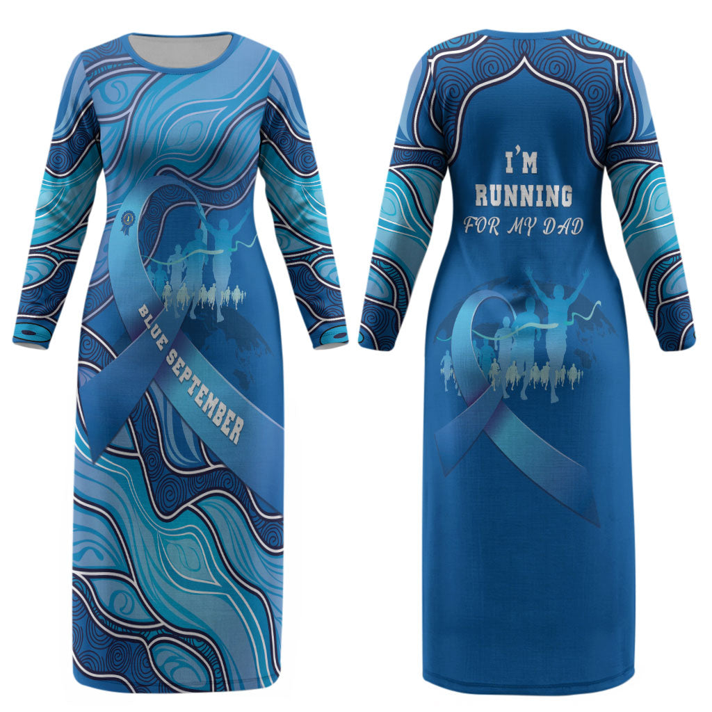 Australia Blue September Running Couples Matching Long Sleeve Bodycon Dress and Long Sleeve Button Shirt Blue Ribbon I'm Running For My Dad
