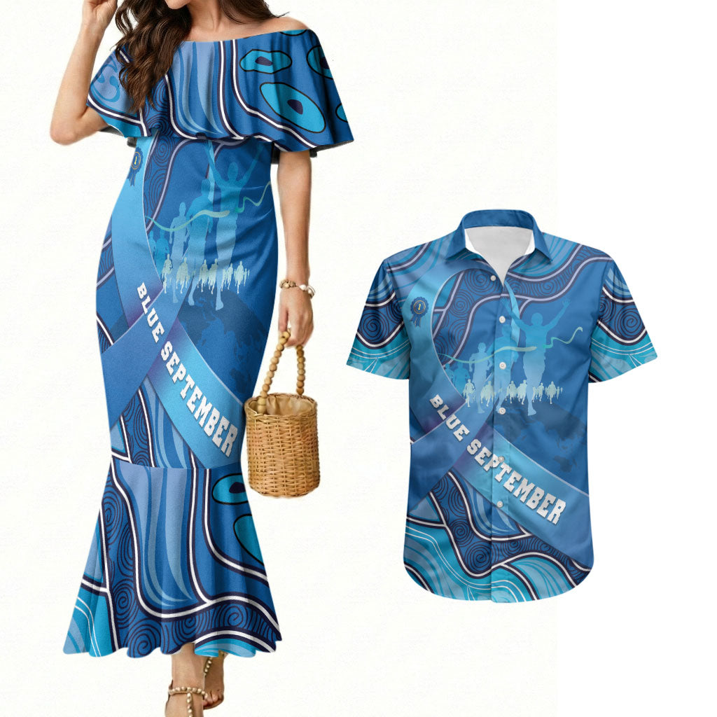 Australia Blue September Running Couples Matching Mermaid Dress and Hawaiian Shirt Blue Ribbon I'm Running For My Dad