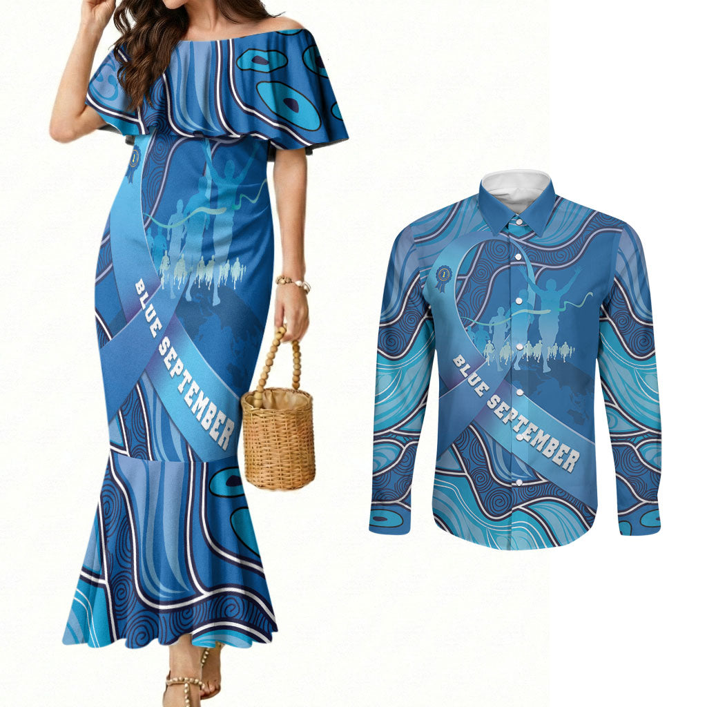 Australia Blue September Running Couples Matching Mermaid Dress and Long Sleeve Button Shirt Blue Ribbon I'm Running For My Dad