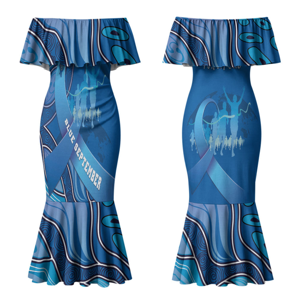 Australia Blue September Running Couples Matching Mermaid Dress and Long Sleeve Button Shirt Blue Ribbon I'm Running For My Dad