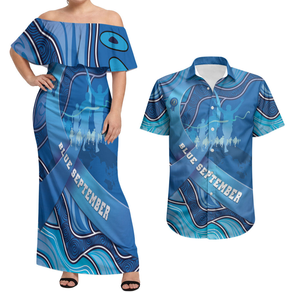 Australia Blue September Running Couples Matching Off Shoulder Maxi Dress and Hawaiian Shirt Blue Ribbon I'm Running For My Dad