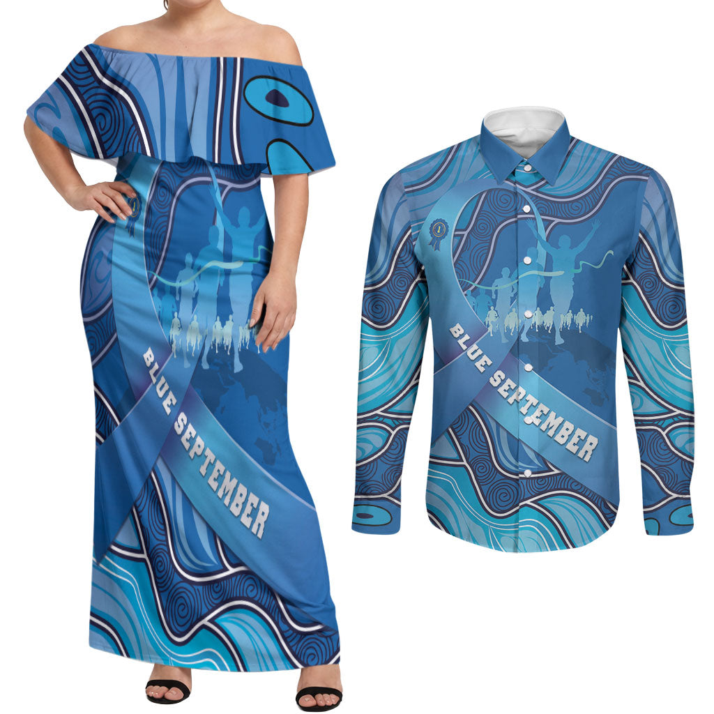 Australia Blue September Running Couples Matching Off Shoulder Maxi Dress and Long Sleeve Button Shirt Blue Ribbon I'm Running For My Dad