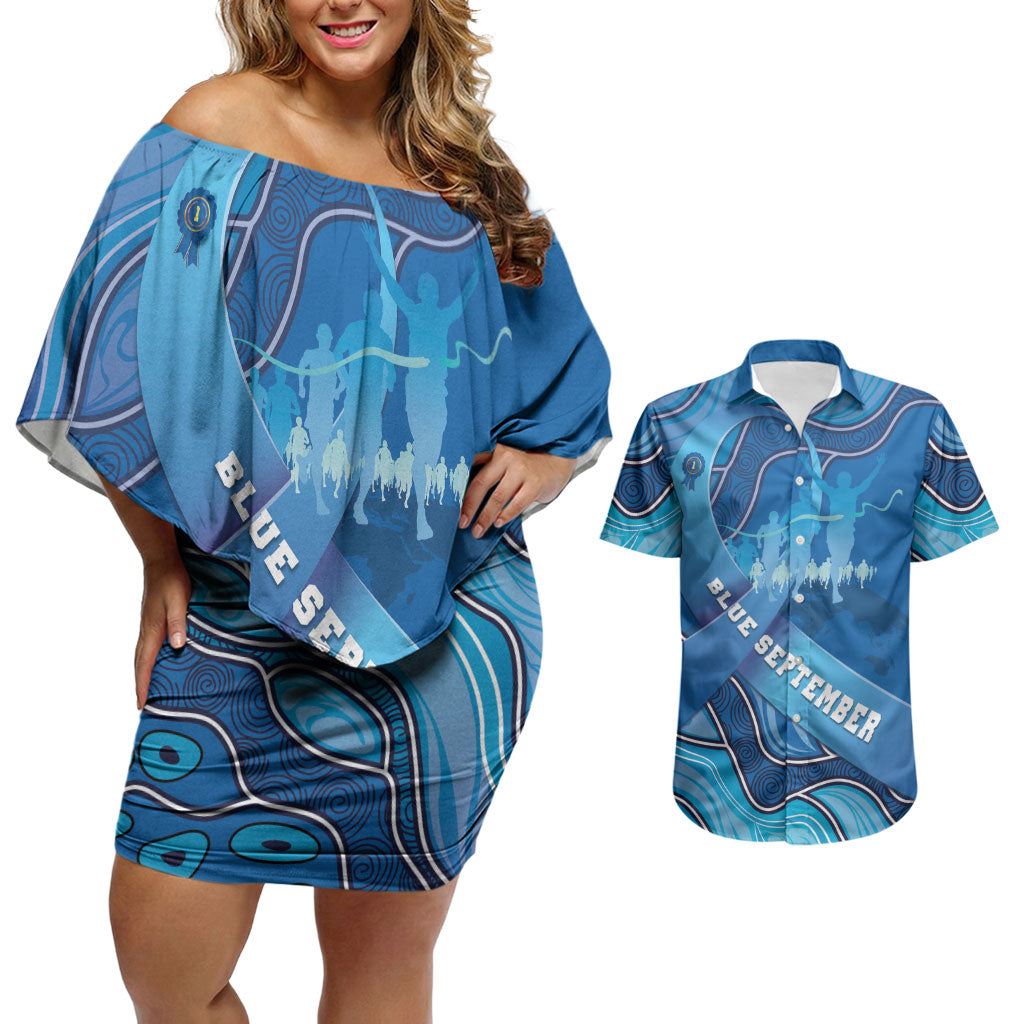 Australia Blue September Running Couples Matching Off Shoulder Short Dress and Hawaiian Shirt Blue Ribbon I'm Running For My Dad