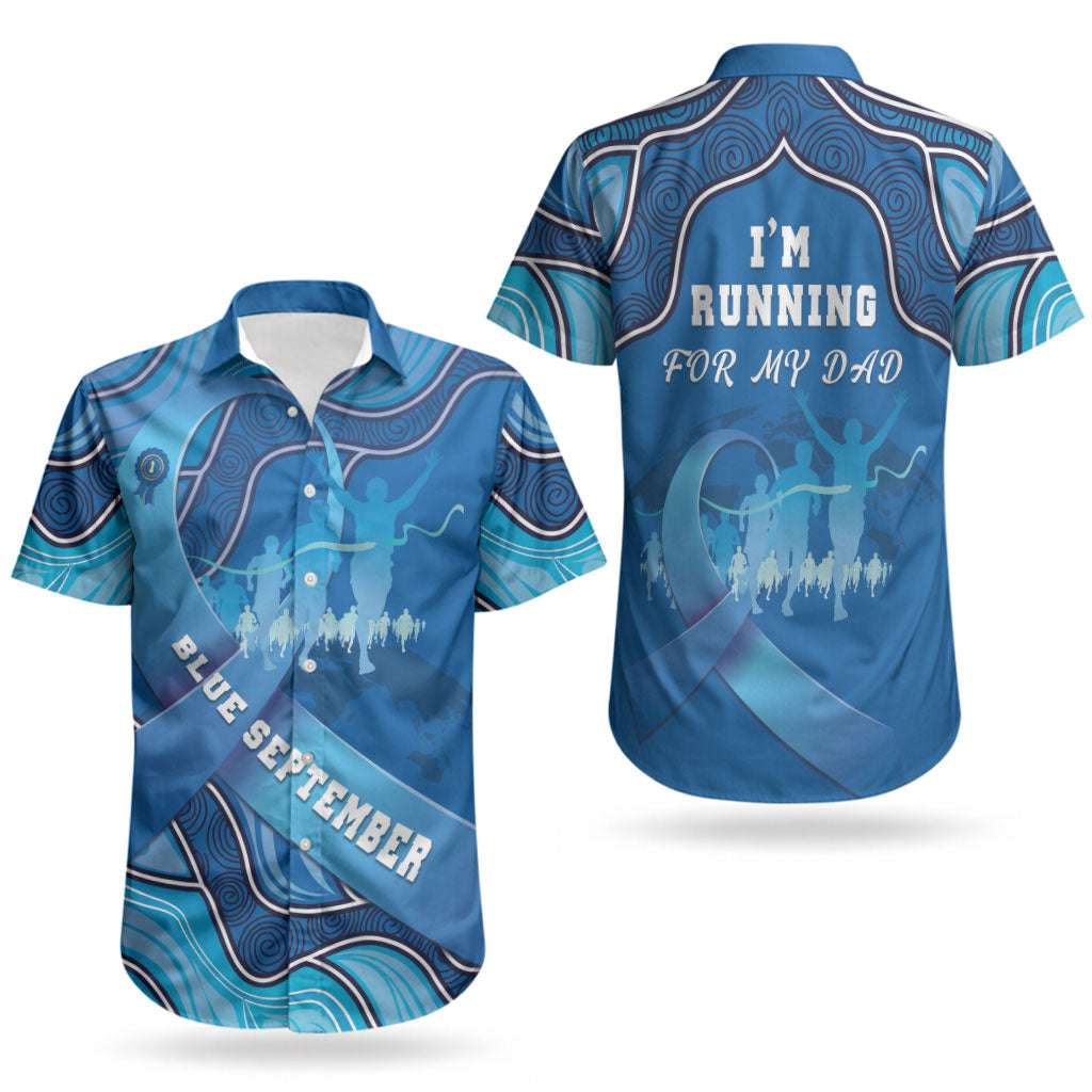 Australia Blue September Running Couples Matching Off Shoulder Short Dress and Hawaiian Shirt Blue Ribbon I'm Running For My Dad