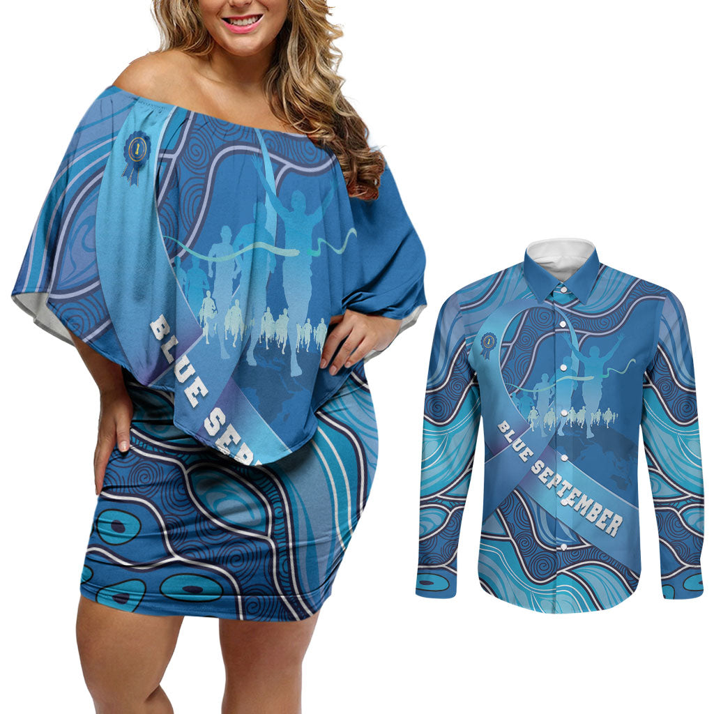 Australia Blue September Running Couples Matching Off Shoulder Short Dress and Long Sleeve Button Shirt Blue Ribbon I'm Running For My Dad