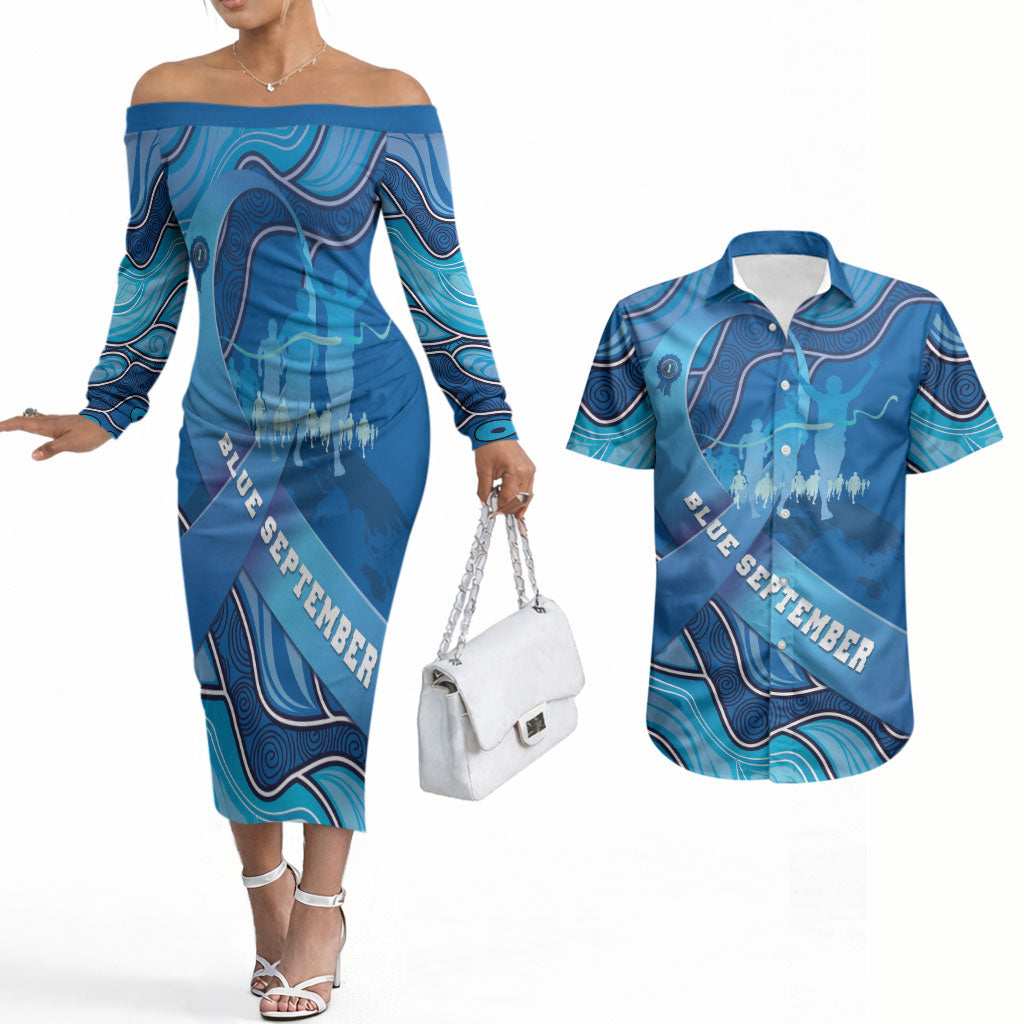 Australia Blue September Running Couples Matching Off The Shoulder Long Sleeve Dress and Hawaiian Shirt Blue Ribbon I'm Running For My Dad