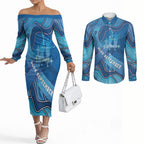 Australia Blue September Running Couples Matching Off The Shoulder Long Sleeve Dress and Long Sleeve Button Shirt Blue Ribbon I'm Running For My Dad