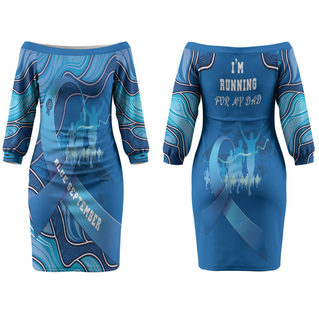 Australia Blue September Running Couples Matching Off The Shoulder Long Sleeve Dress and Long Sleeve Button Shirt Blue Ribbon I'm Running For My Dad