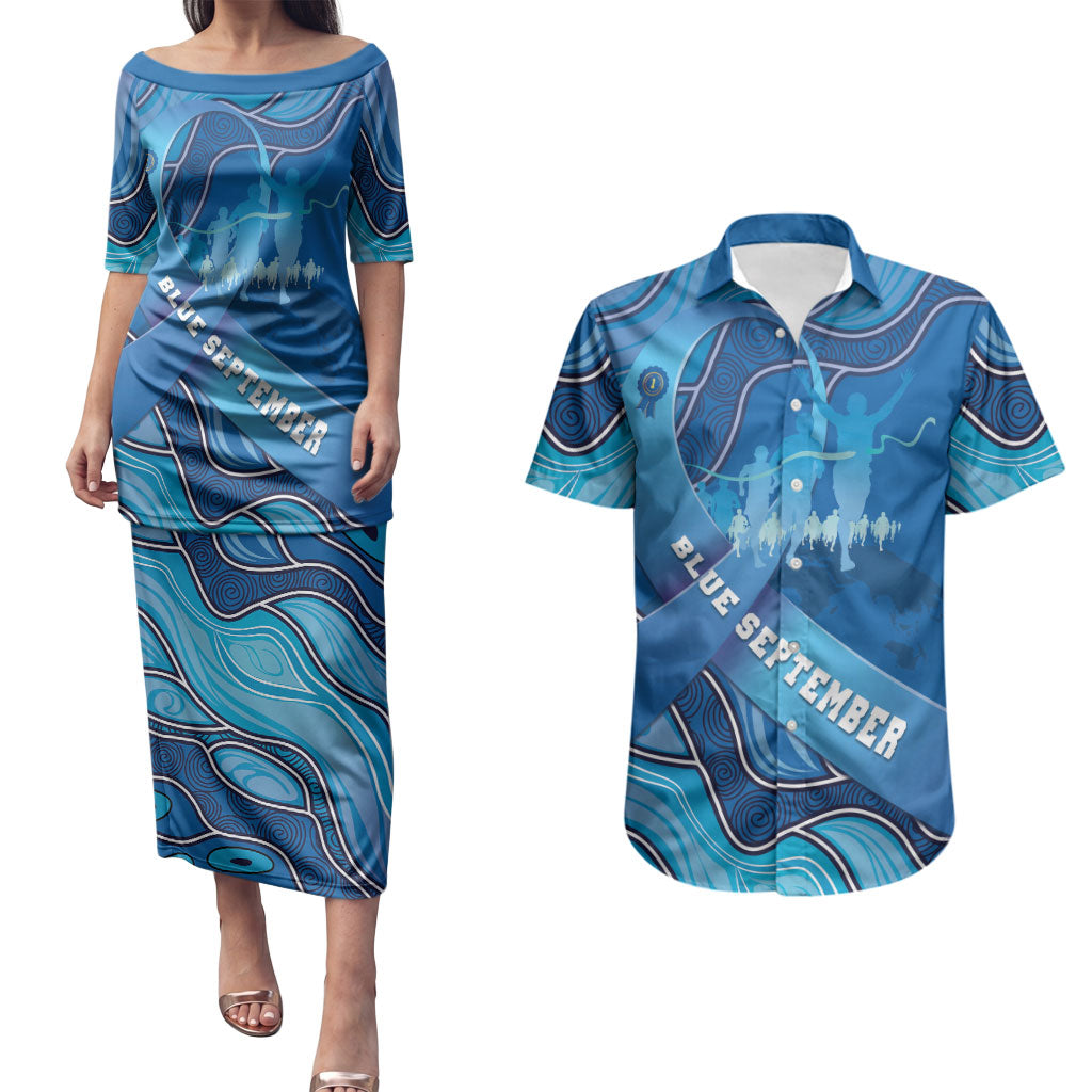 Australia Blue September Running Couples Matching Puletasi and Hawaiian Shirt Blue Ribbon I'm Running For My Dad