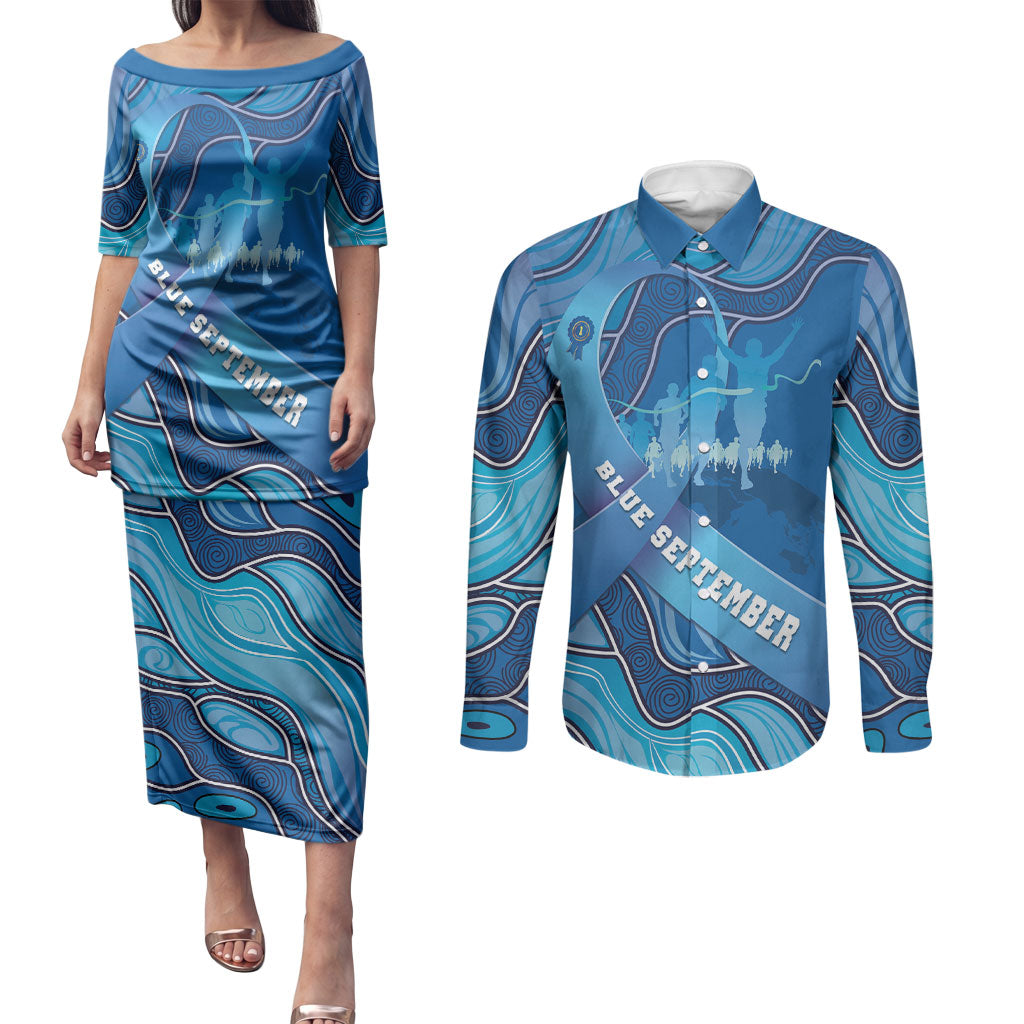 Australia Blue September Running Couples Matching Puletasi and Long Sleeve Button Shirt Blue Ribbon I'm Running For My Dad